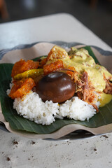Gudeg Telor, captured on September 1, 2025. Traditional Javanese dish of young jackfruit stew served with hard-boiled egg, rich brown coconut milk sauce, authentic Indonesian culinary heritage
