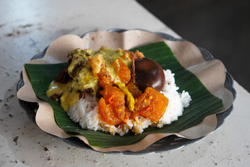 Gudeg Telor, captured on September 1, 2025. Traditional Javanese dish of young jackfruit stew served with hard-boiled egg, rich brown coconut milk sauce, authentic Indonesian culinary heritage