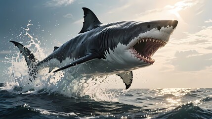 Enormous shark monster leaping from ocean water splashes dramatic sunlight cinematic epic fantasy scene
