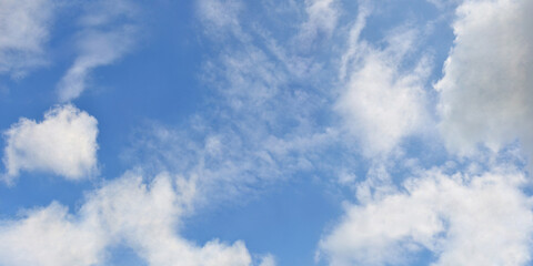 Horizontal bright blue sky with white clouds background.Nature, weather , natural environment,sky  in beautiful sunny day landscape.