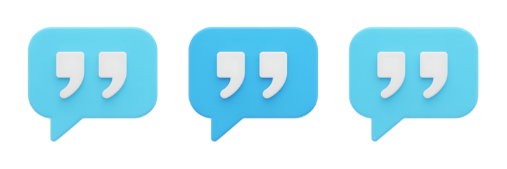 Three blue speech bubbles with white quotation marks on a black background