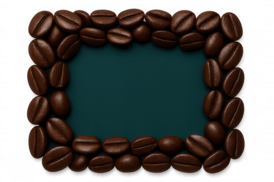 Coffee beans framing teal rectangular space, roasted dark brown, positioned symmetrically against transparent backdrop