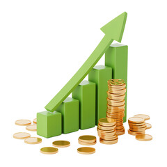 Green financial growth chart with stacks of gold coins on a black background