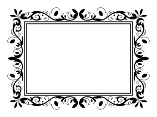 Ornate Black and White Floral Rectangular Frame with Swirls and Leaves