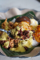 Gudeg Telor, captured on September 1, 2025. Traditional Javanese dish of young jackfruit stew served with hard-boiled egg, rich brown coconut milk sauce, authentic Indonesian culinary heritage