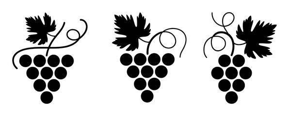 Three Stylized Black Grape Clusters with Leaves and Vines