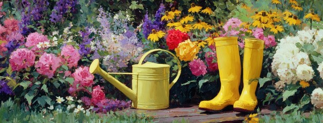 Vibrant garden scene with yellow watering can and boots amongst colorful flowers