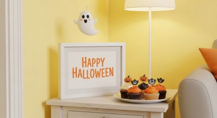 Festive Halloween scene with cupcakes, ghost, and frame, perfect for autumn decor