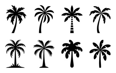 Collection of eight black silhouette palm tree icons on a white background