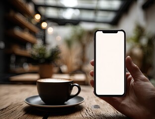 Smartphone held in hand, blank screen, coffee shop