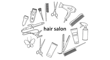 Obraz premium Hair salon tools arranged in a circle with text isolated PNG with Transparent Background