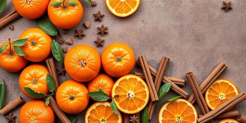 Fresh oranges with cinnamon sticks arranged in warm rustic food background style