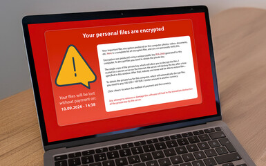 Laptop screen infected by ransomware demanding a payment to decrypt files. Cybersecurity threat, hacking, and data extortion concept.