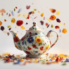 Colorful tea pot with floating flower petals