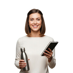 Smiling Businesswoman Notebook Water Bottle Ready for Success Modern professional woman takes notes stays hydrated positive attitude