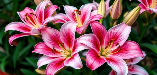 Fototapeta premium Pink and white Oriental lilies in full bloom, showcasing vibrant petals and delicate stamens, lilies, pink and white