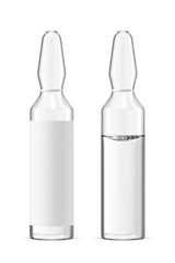 Medical clear glass ampoules with blank label isolated. 3D rendering illustration. Transparent PNG image.