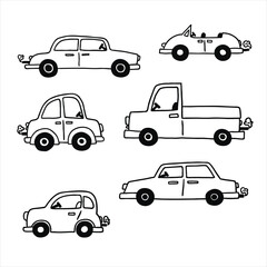 Naklejka premium Car icon set. Automobile From Various Sides, Monochrome symbol. Side, Bottom, Top, Front View, Isometric Projection, Interior of the Car. Black and white.