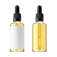 Clear 50ml essential oil dropper bottles with clean label isolated. 3D rendering illustration. Transparent PNG image.