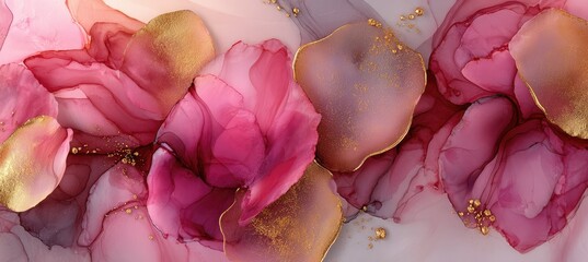 Abstract art with flowing pink, rose, and mauve hues, accented by gold flecks