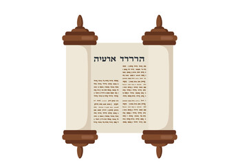 A Torah scroll with undecipherable Hebrew script and wooden handles on a plain white background