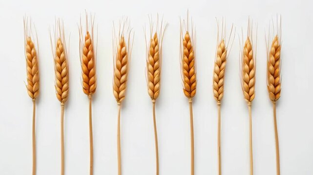 Golden wheat ear agriculture cereal grain harvest organic food healthy natural closeup rural farming botanical golden ripe ears arranged row white