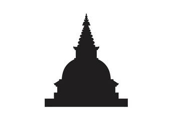 Black silhouette of a Buddhist stupa domeshaped with tiered base  spire on a white backdrop