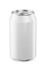 Clean white aluminum classic drink can 330ml isolated. 3D rendering illustration. Transparent PNG image.