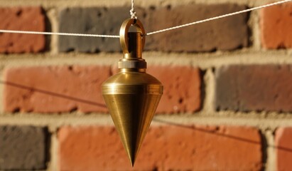 Gleaming Brass Plumb Bob on a Taut String Line for Precision Masonry Work
