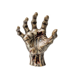 A decayed, zombie like hand with visible wounds and exposed flesh, set against a transparent background. Ideal for Halloween party invitations and seasonal graphics.