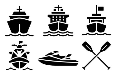 Collection of Nautical and Watercraft Icons: Ships, Jet Ski, and Oars
