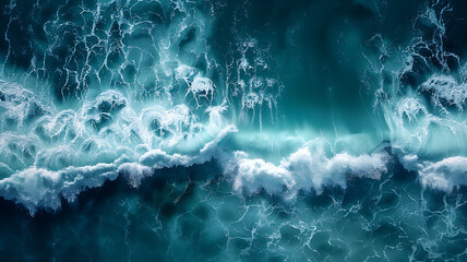 Aerial View of Ocean Waves Crashing, Whitewater, Turquoise Sea