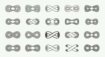 An array of twenty infinity symbols in varying styles and shades of gray, arranged in a grid pattern on a white background.