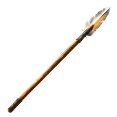 Naklejka premium Ancient spear with sharp stone tip and glowing shaft on background weapon primitive isolated on a transparent background