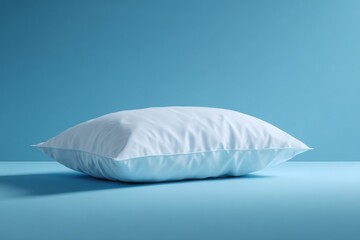 A single white pillow on a light blue surface