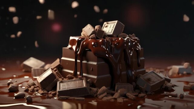 Stacked brown chocolate pieces with melting drip and crumbs on dark surface and background falling chocolate chunks sweet desert