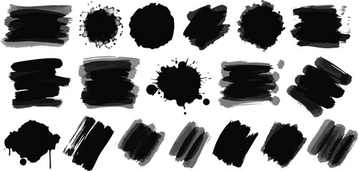Collection of fifteen black ink brush strokes and splatters on a white background, varying in shape and texture.
