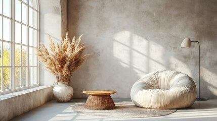 Bright living room with large window soft pouf and dried flowers in vase with copy space