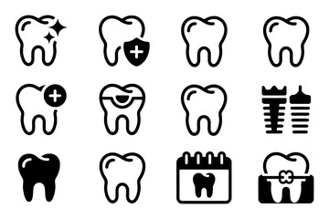 Dental Health Icons: Clean, Protected, and Treated Teeth, Implants, and Braces