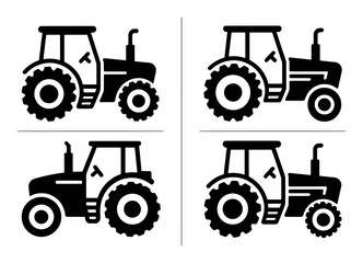 Four Black Silhouette Icons of Tractors on a White Background