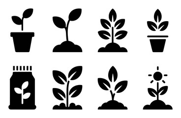 Set of Black and White Icons Depicting Plant Growth and Gardening