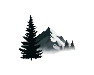 Obraz premium Snowy mountain range with forest silhouette