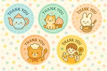 A cute bakery sticker template featuring a loaf of bread and croissant with soft pastel colors, round badge design, space in the center for text or logo, minimalist decorative elements like wheat and 
