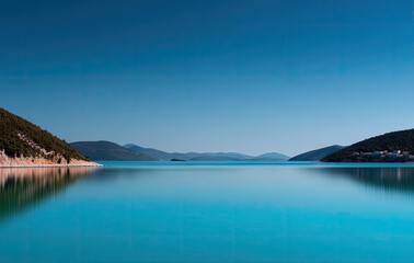 Obraz premium Serene Turquoise Lake Surrounded by Mountains Under Blue Sky