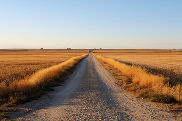 Fototapeta premium An open road stretching through a golden landscape under a clear blue sky. A beautiful shot symbolizing freedom and journey