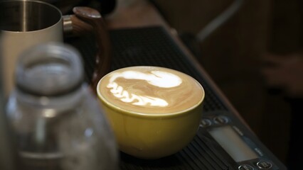 Latte Art A Close-Up of Coffee with a Swan Design