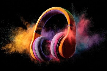 Colorful headphones surrounded by a burst of vibrant colored powder on a black background