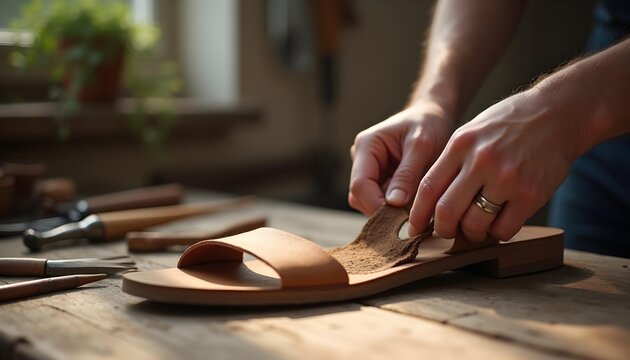 Artisan crafting a leather sandal with tools on a wooden workbench