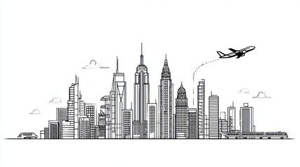 Fototapeta premium Black and White City Skyline Illustration with Airplane