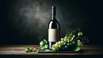 Fototapeta premium Elegant still life of a wine bottle with fresh green grapes on a rustic wooden table. Winery branding, restaurant menus, bar posters, packaging design, and luxury beverage advertising visuals.